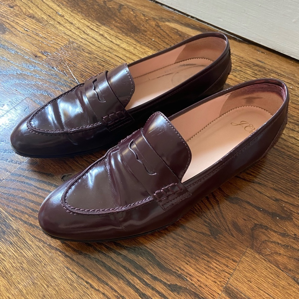 J. Crew Patent Leather Academy Penny Loafers Beet Red & Brown J8501 Size 8
